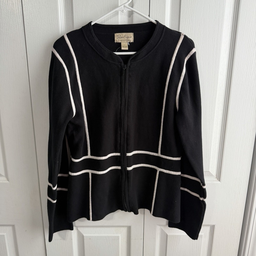 Boutique Essentials Black White Full Zip Cardigan Women's Size Large VTG Office